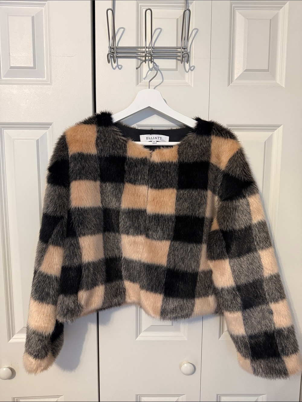 Elliatt Beige, Black & Gray Checked Faux-Fur Cropped Sweater (XS )